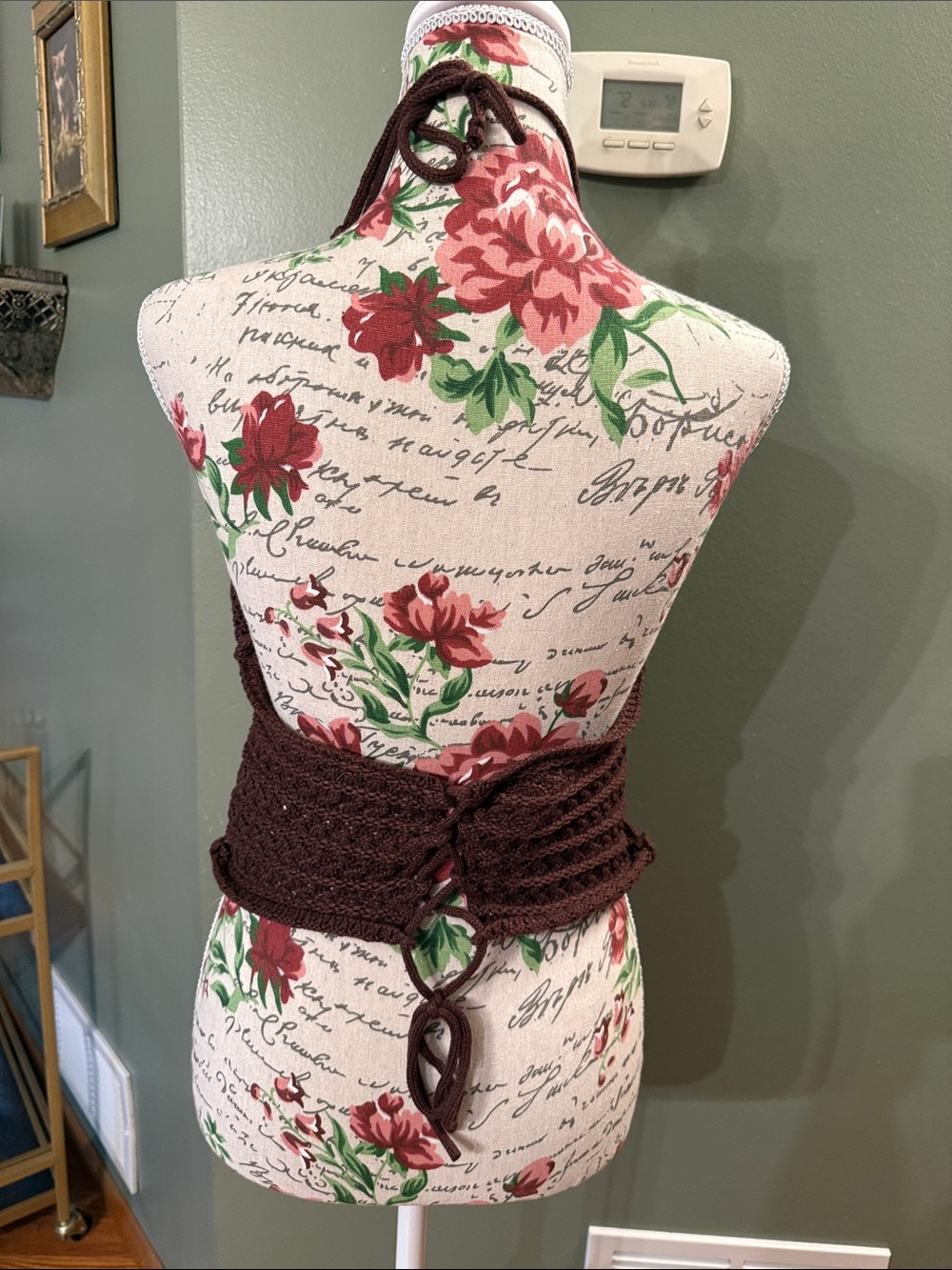 ROMWE Brown Crochet Halter Crop Top with Floral Embroidery - Picture 2 of 5